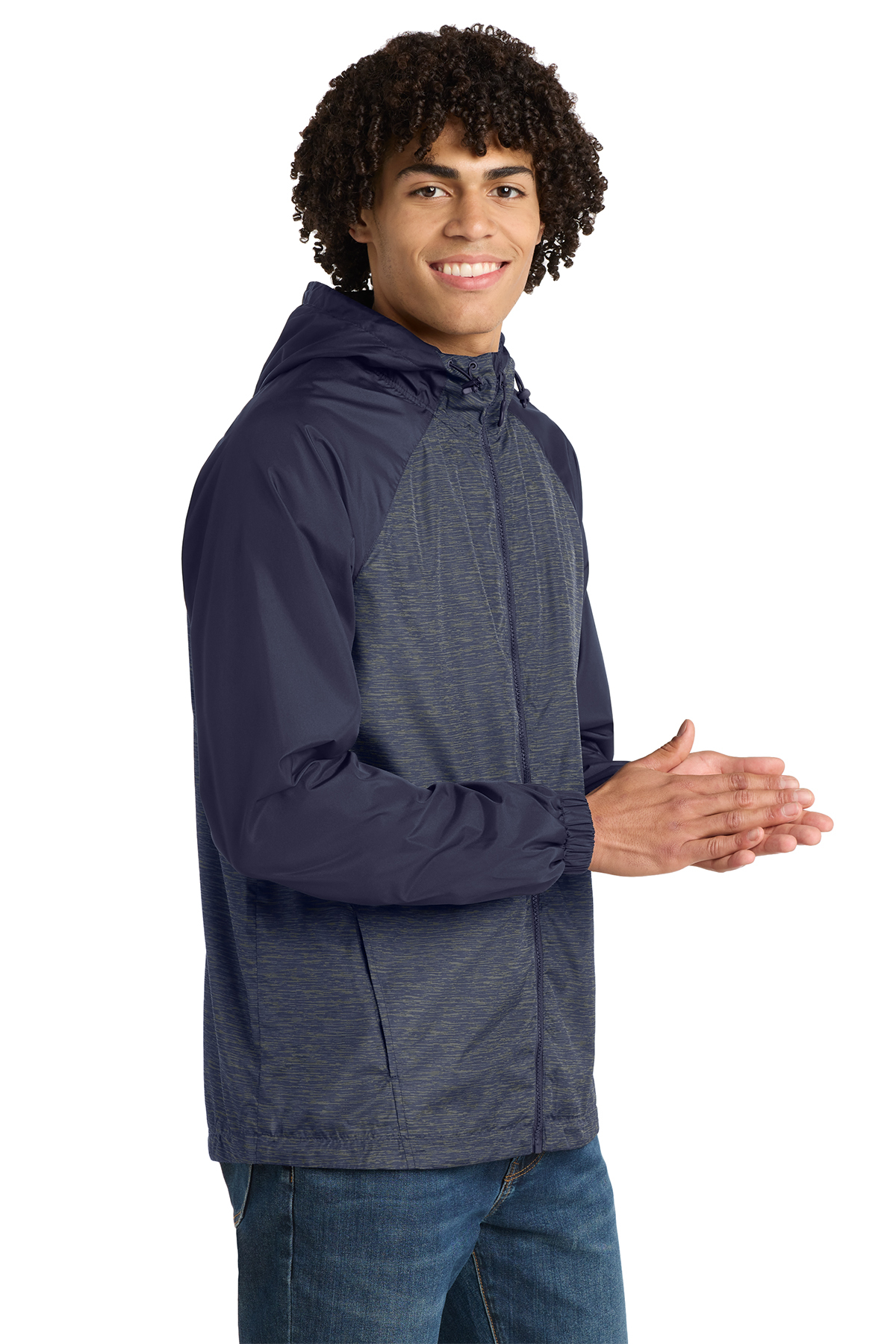 Sport-Tek Heather Colorblock Raglan Hooded Wind Jacket