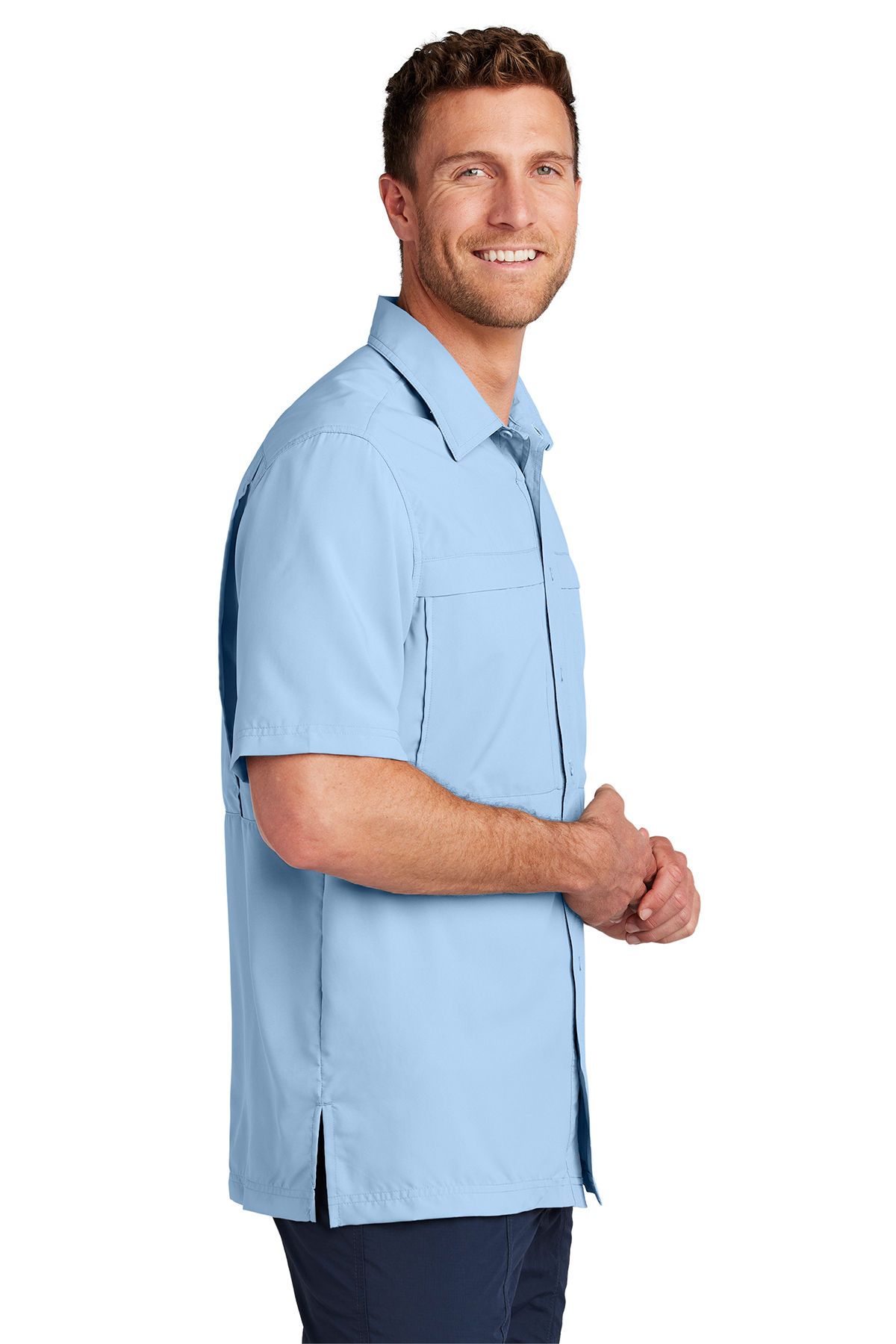 Sky Blue Short Sleeve Button Down Fishing Shirt L