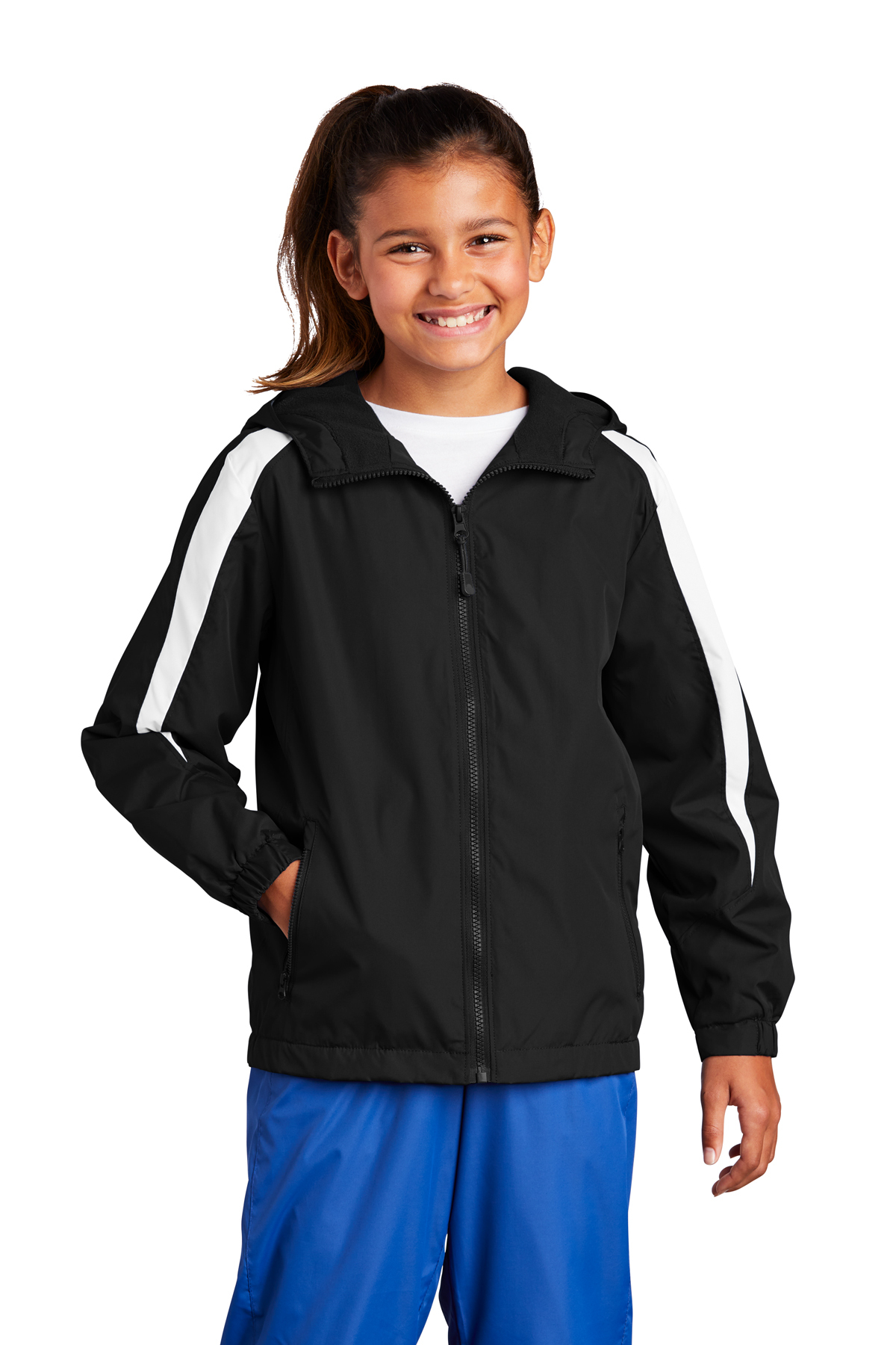 Sport-Tek Youth Fleece-Lined Hooded Colorblock Jacket YST81 Black/White