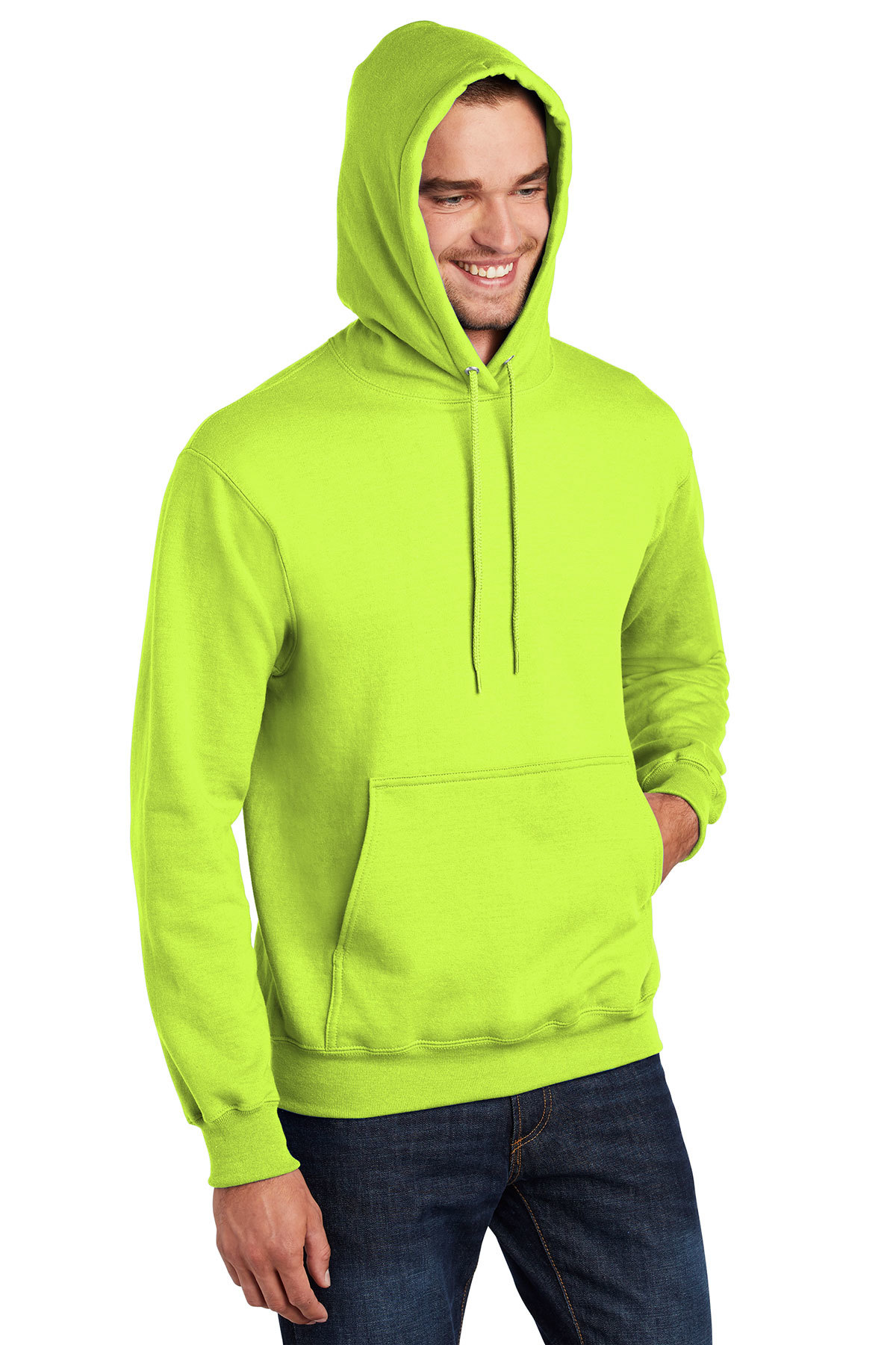 Large Safety Green Port & Company Mens Pullover Pocket Hooded Sweatshirt