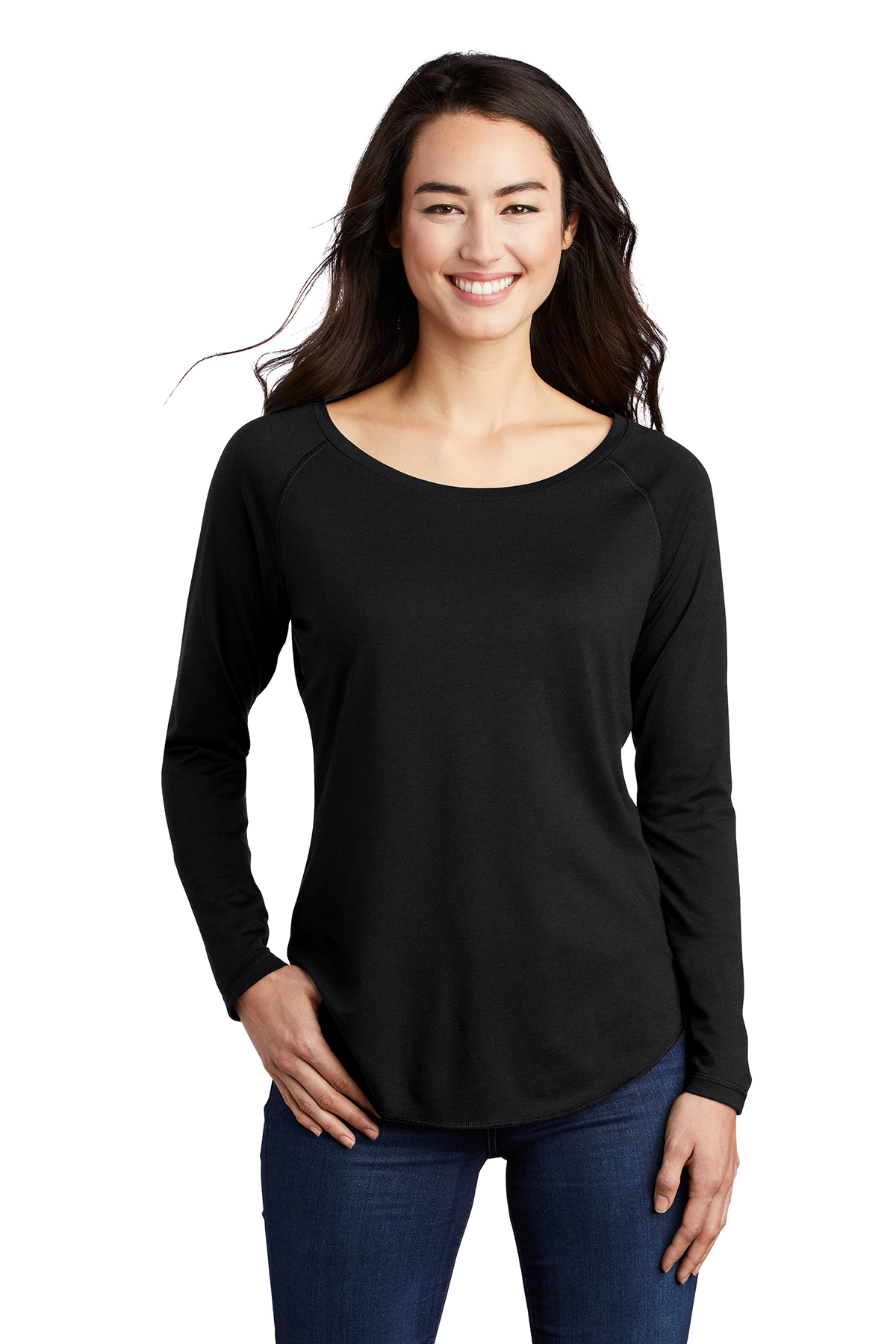 Enamor Athleisure Women's Polyester Relaxed Fit Long Length Raglan Sleeves  Scoop Neck Quick Dry 4 Way Stretch Antimicrobial Graphic Tee -  E163(E163-Jet Black W/ Gratitude-XL)