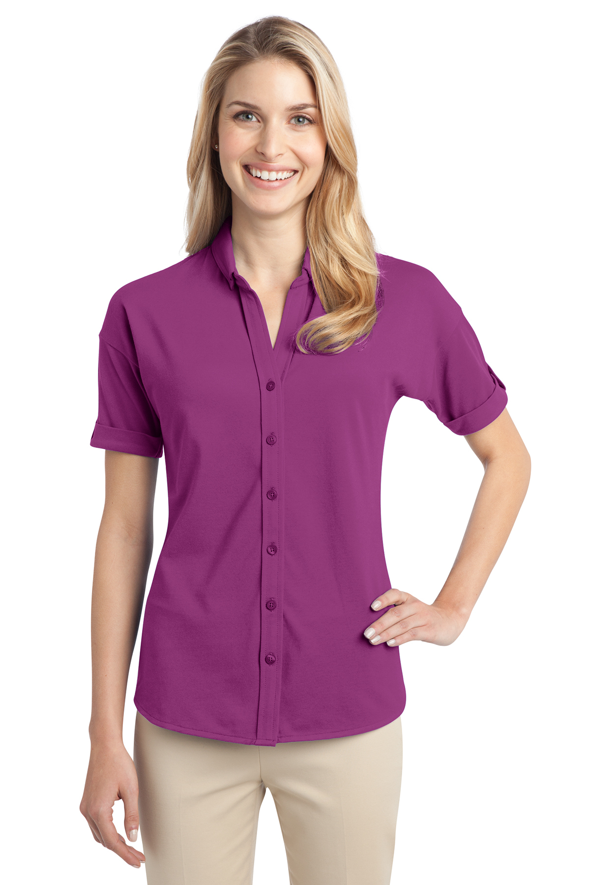 Port Authority Ladies Stretch Pique Button-Front Shirt | Product | SanMar