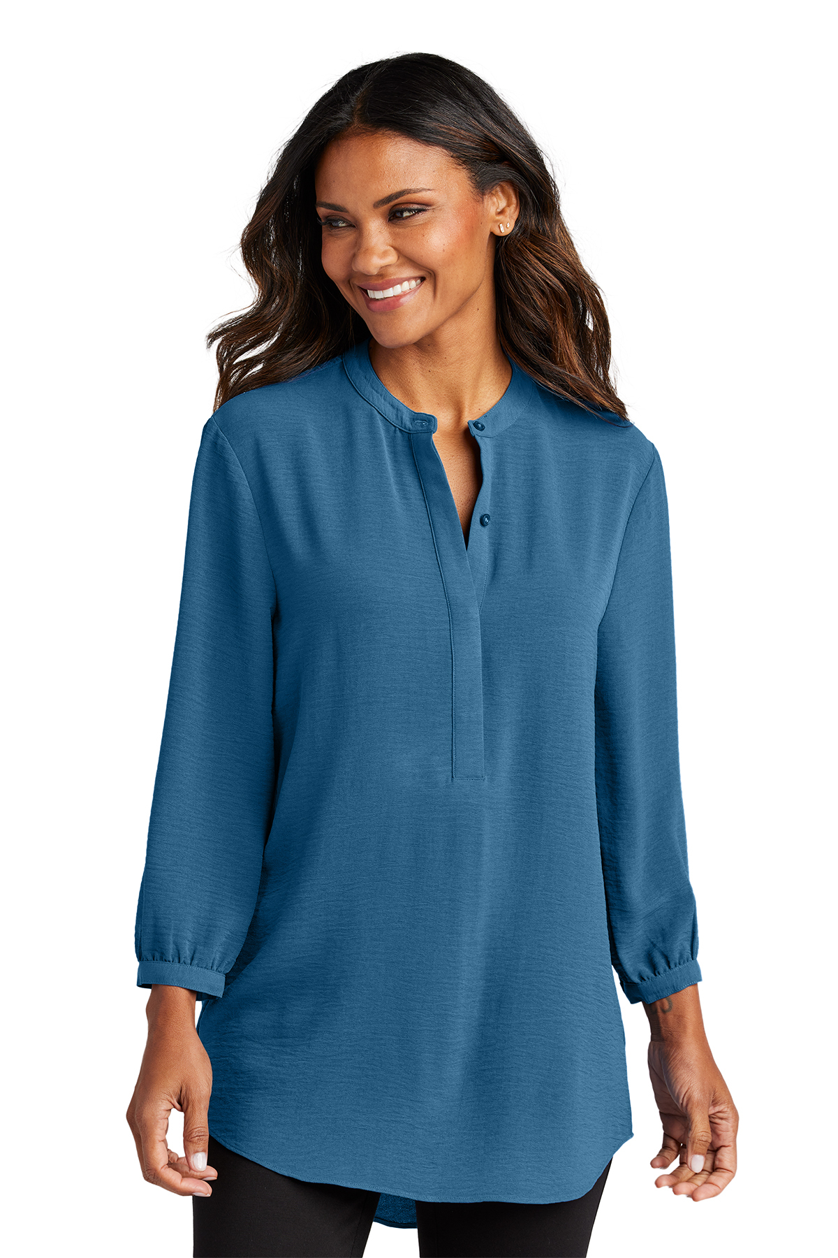 Lands' End Women's Tall Rayon 3/4 Sleeve V Neck Tunic Top - Medium Tall -  Wood Lily Tile Geo