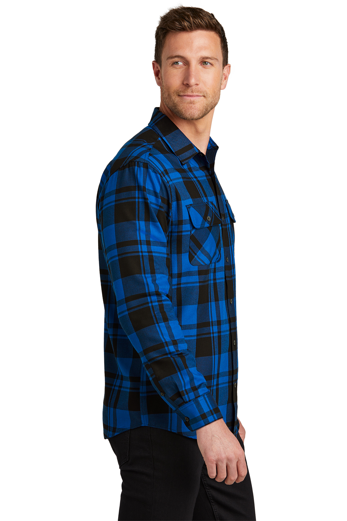 royal blue and black flannel shirt