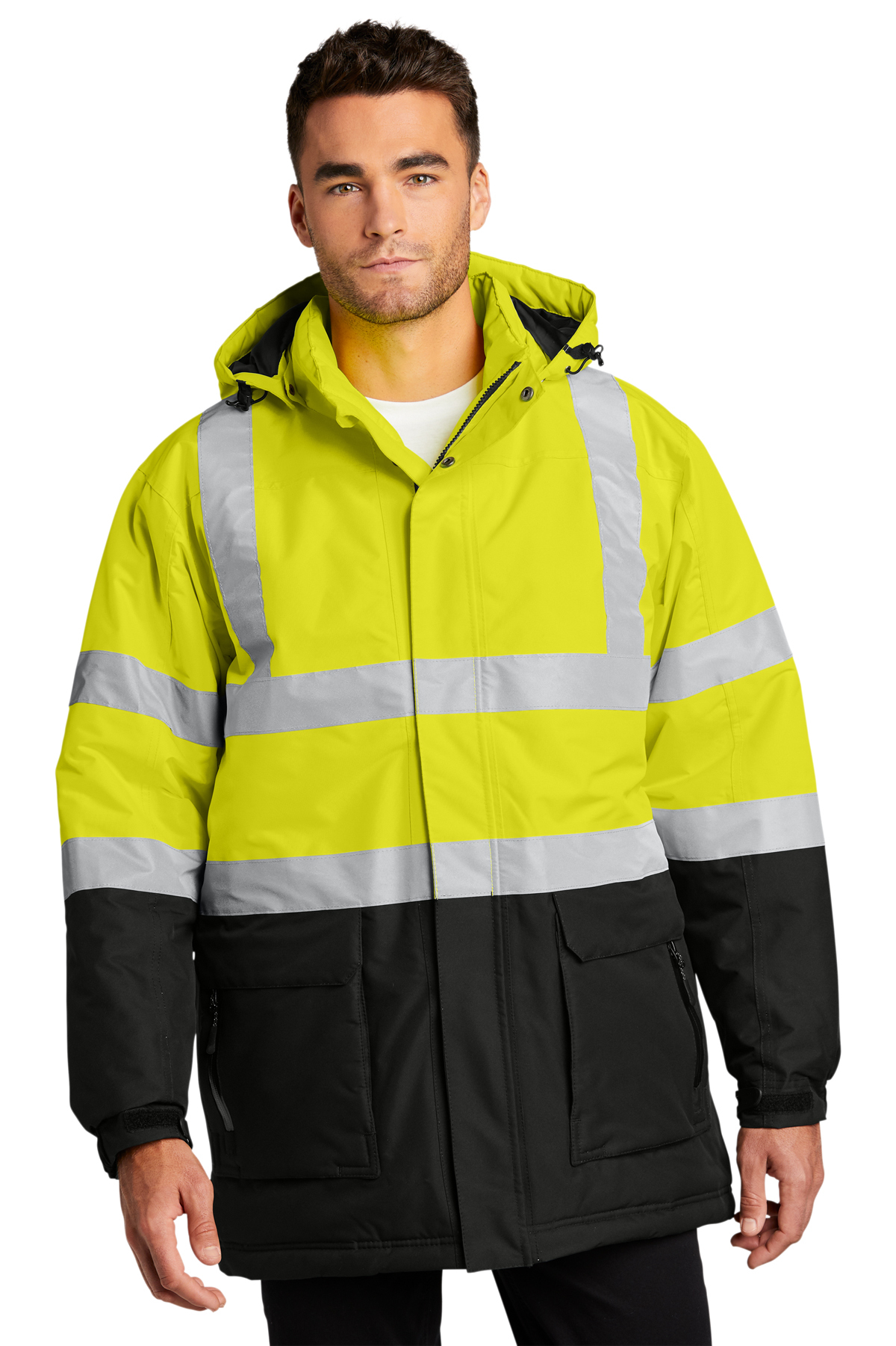 Hi-Vis Class 3 Safety Long Jacket Neon Reflective Rain Coat Hooded Work Parka 