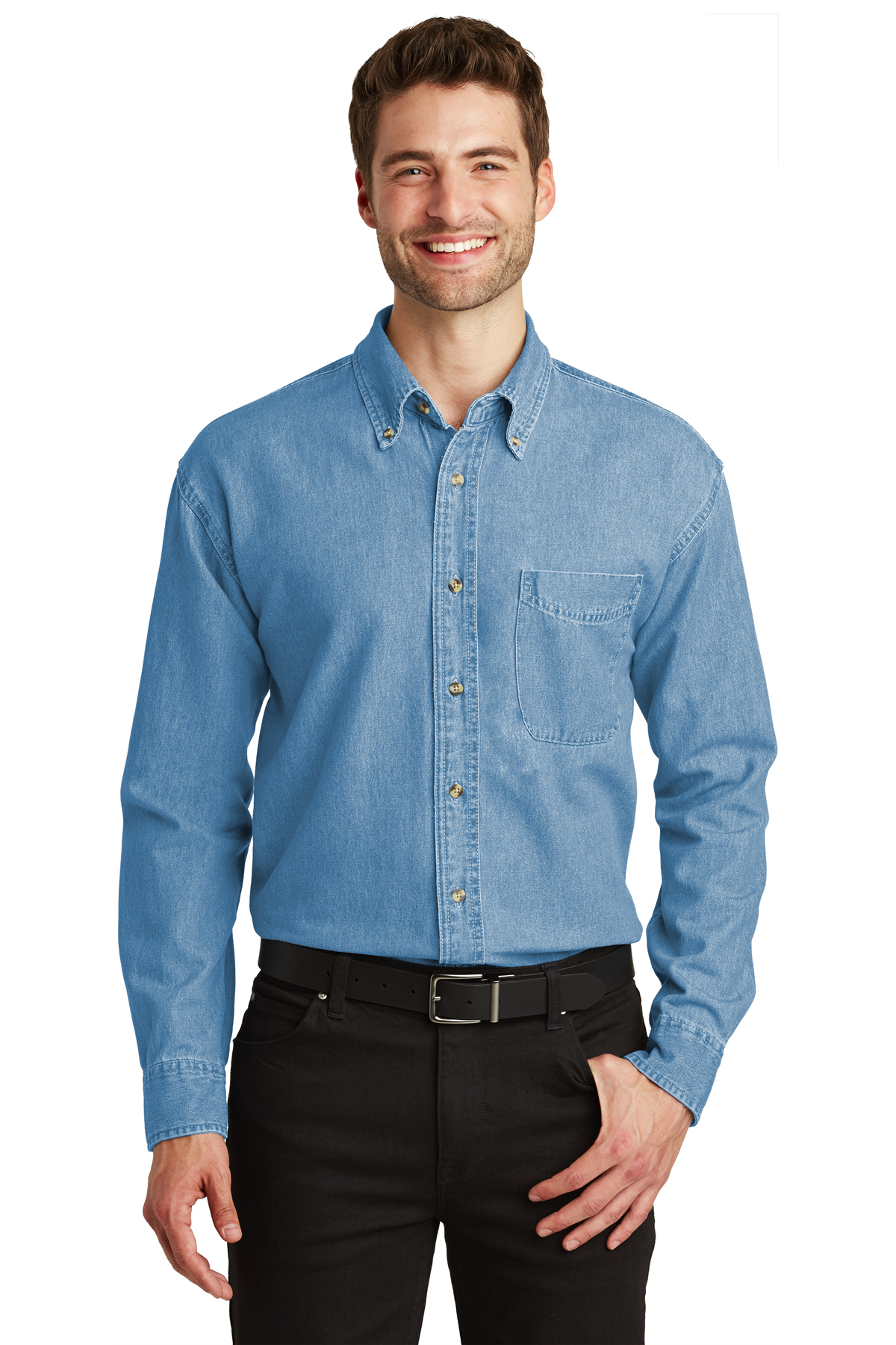 Eddie Bauer Denim Shirt Womens Large Blue Jean Button Up Fitted 100% Cotton  | eBay