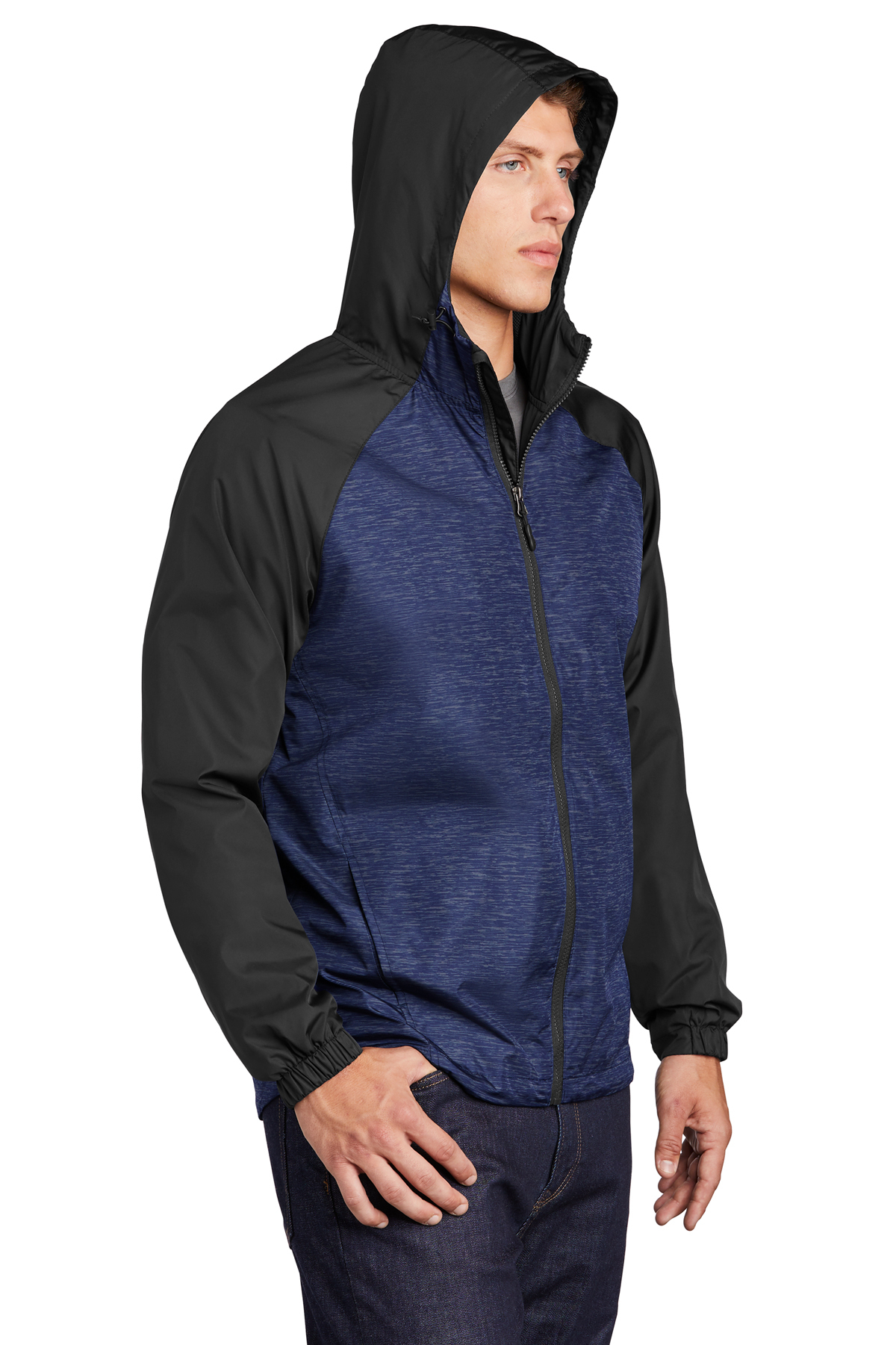 Sport-Tek Heather Colorblock Raglan Hooded Wind Jacket | Product 